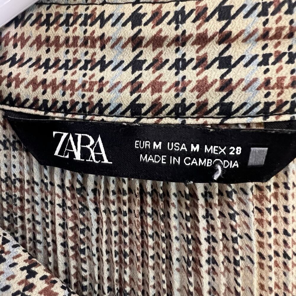 Zara Women's plaid pleated blouse high collar tie bow Blouse Sz M Babydoll - Picture 11 of 14